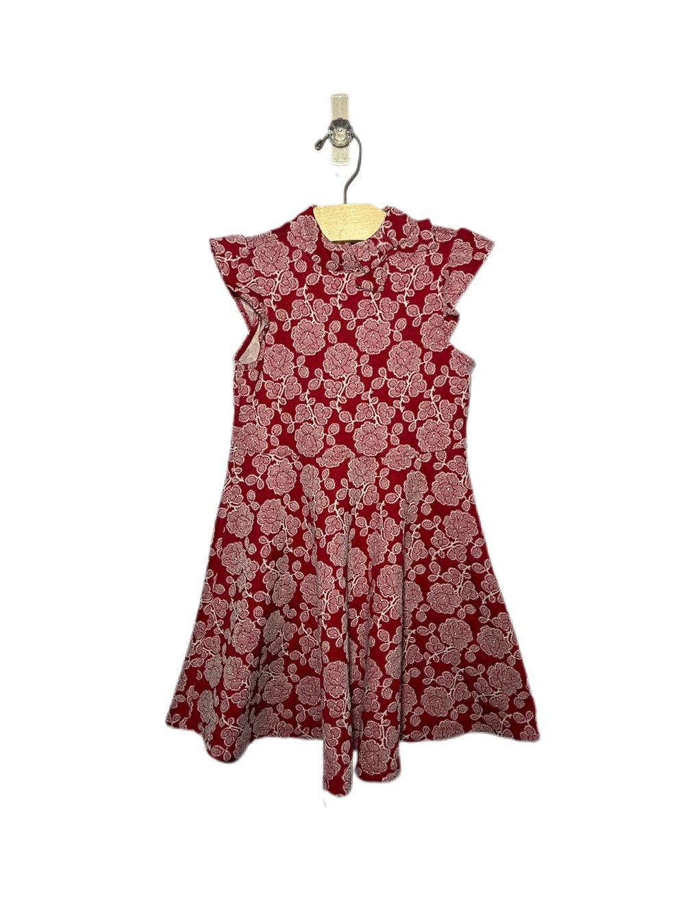 Janie and Jack Size 6 Girls Red Floral Jacquard Flutter Sleeve Dress with Bow
